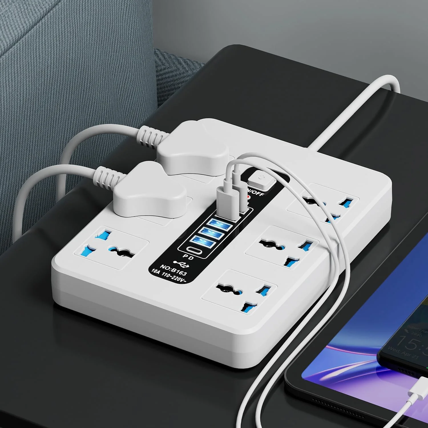 سیم سیار برق با 6 پریز برق، 5 پورت USB و 1 پورت Type-C – کابل 3 متری | چند راهی برق برای خانه، دفتر و آشپزخانه – محافظ برق سفید 2500 وات