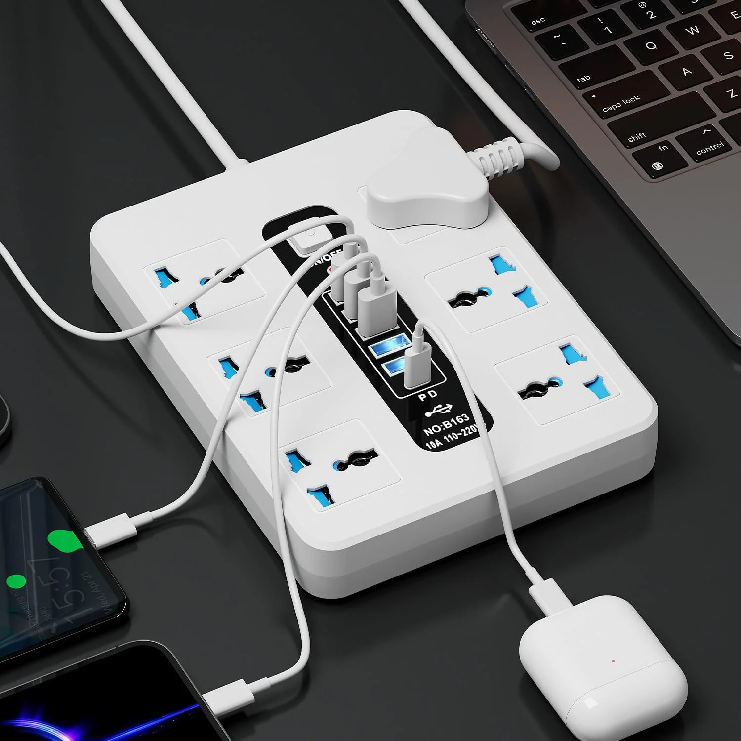 سیم سیار برق با 6 پریز برق، 5 پورت USB و 1 پورت Type-C – کابل 3 متری | چند راهی برق برای خانه، دفتر و آشپزخانه – محافظ برق سفید 2500 وات