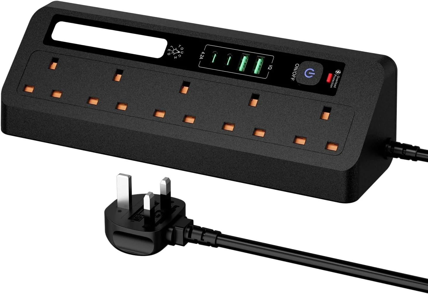 سیم سیار 3 متری با 5 پریز برق و 4 پورت USB (2 عدد Type-C) - محافظ برق با چراغ خواب لمسی، 2500 وات/10 آمپر برای خانه/دفتر (3 متر، سفید)