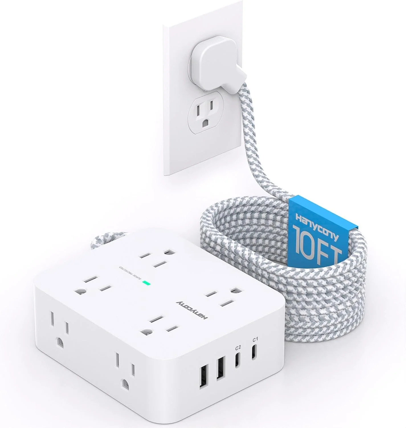 سیم رابط 3 متری با چند خروجی، محافظ برق دوشاخه تخت با سیم 3 متری، 8 خروجی، شارژر USB C 30 واتی (2 پورت USB C)، پریز دیواری چندگانه برای لوازم ضروری خوابگاه دانشجویی