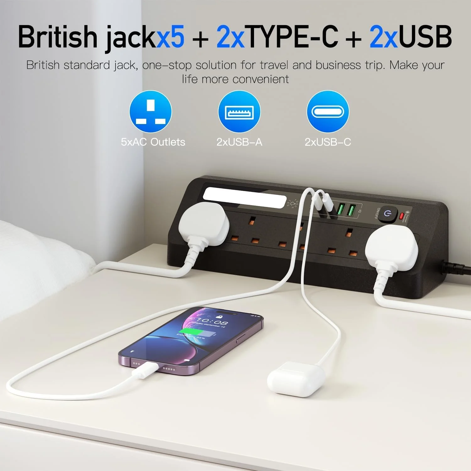 سیم سیار 3 متری با 5 پریز برق و 4 پورت USB (2 عدد Type-C) - محافظ برق با چراغ خواب لمسی، 2500 وات/10 آمپر برای خانه/دفتر (3 متر، سفید)