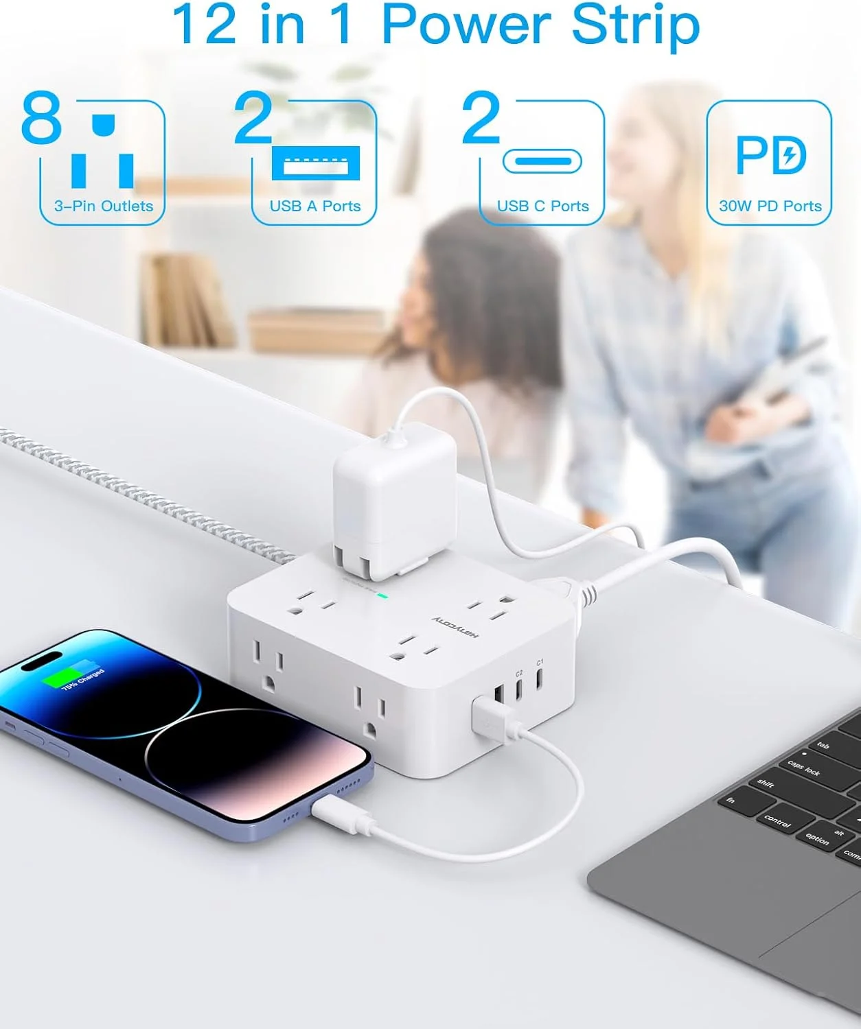 سیم رابط 3 متری با چند خروجی، محافظ برق دوشاخه تخت با سیم 3 متری، 8 خروجی، شارژر USB C 30 واتی (2 پورت USB C)، پریز دیواری چندگانه برای لوازم ضروری خوابگاه دانشجویی