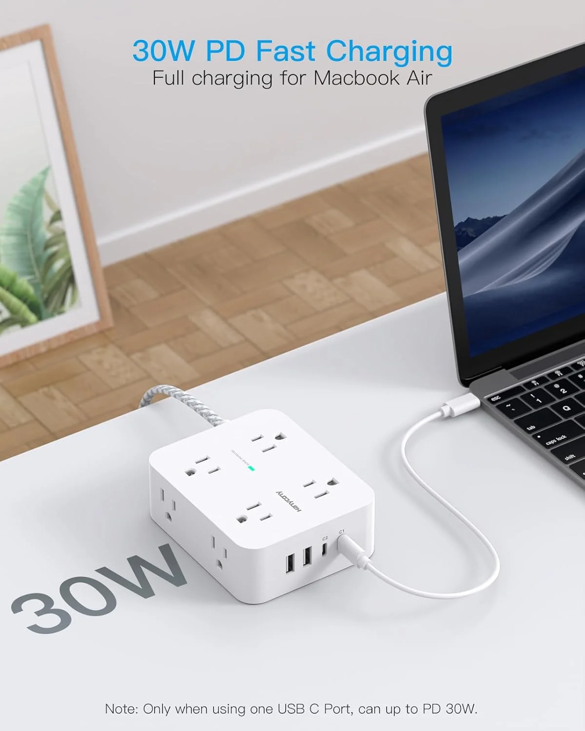 سیم رابط 3 متری با چند خروجی، محافظ برق دوشاخه تخت با سیم 3 متری، 8 خروجی، شارژر USB C 30 واتی (2 پورت USB C)، پریز دیواری چندگانه برای لوازم ضروری خوابگاه دانشجویی