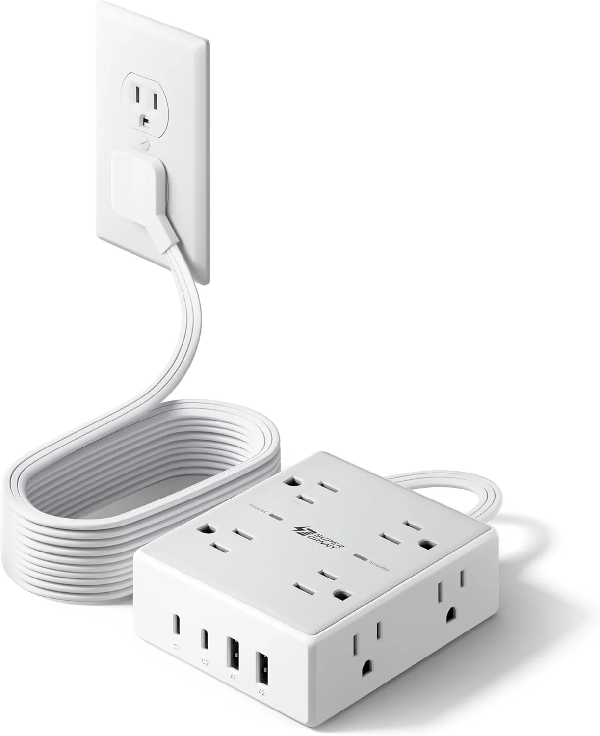 سیم رابط 3 متری با پریزهای متعدد، محافظ برق با دوشاخه تخت، 8 پریز و 4 پورت USB (2 پورت USB C)، ایستگاه شارژ رومیزی برای خانه، دفتر کار، لوازم ضروری خوابگاه دانشجویی
