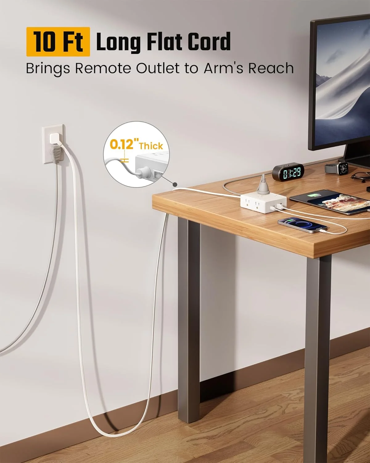 سیم رابط 3 متری با پریزهای متعدد، محافظ برق با دوشاخه تخت، 8 پریز و 4 پورت USB (2 پورت USB C)، ایستگاه شارژ رومیزی برای خانه، دفتر کار، لوازم ضروری خوابگاه دانشجویی