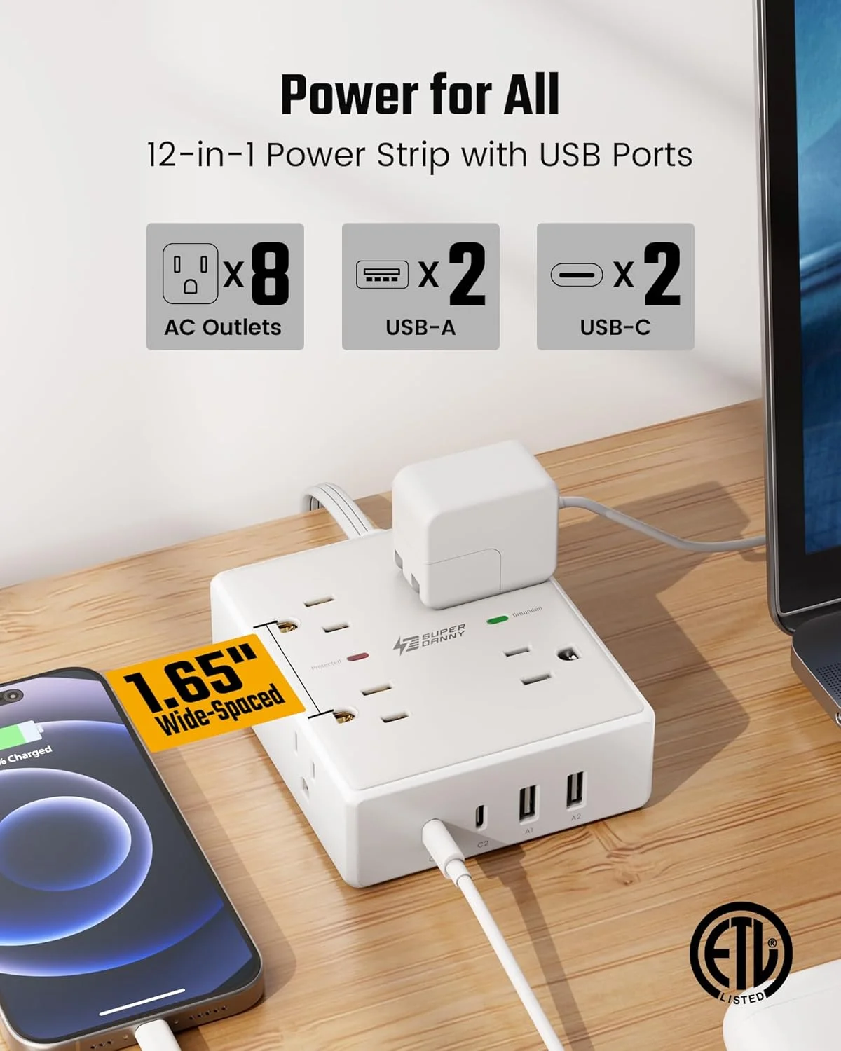 سیم رابط 3 متری با پریزهای متعدد، محافظ برق با دوشاخه تخت، 8 پریز و 4 پورت USB (2 پورت USB C)، ایستگاه شارژ رومیزی برای خانه، دفتر کار، لوازم ضروری خوابگاه دانشجویی