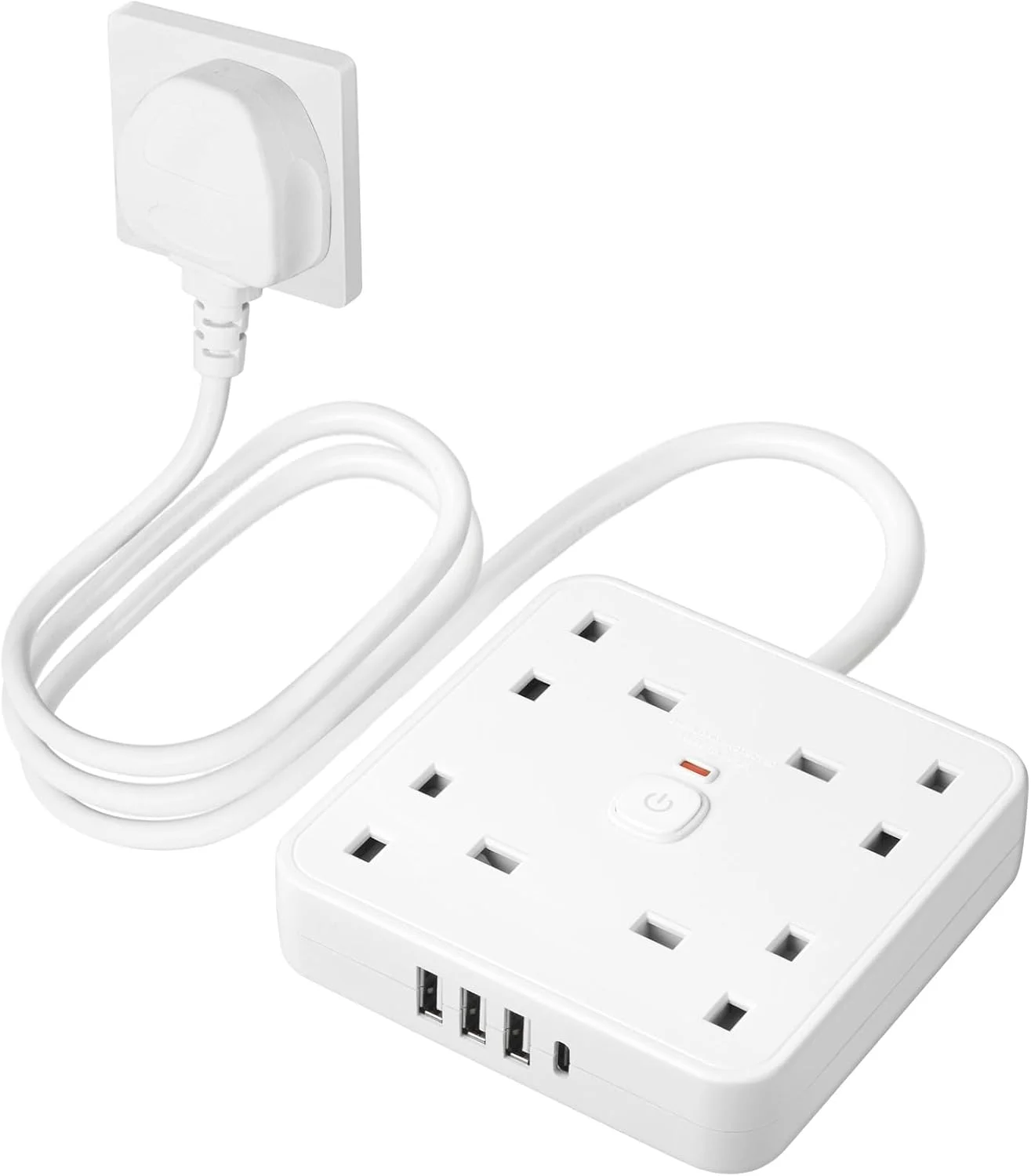 سیم سیار 4 پریز با سیم 1.8 متری، دوشاخه برق چندگانه با کلید نشانگر LED، 1 پورت Type-C و 3 پورت USB-A، محافظ برق دیواری برای خانه، دفتر کار، خوابگاه (سفید)