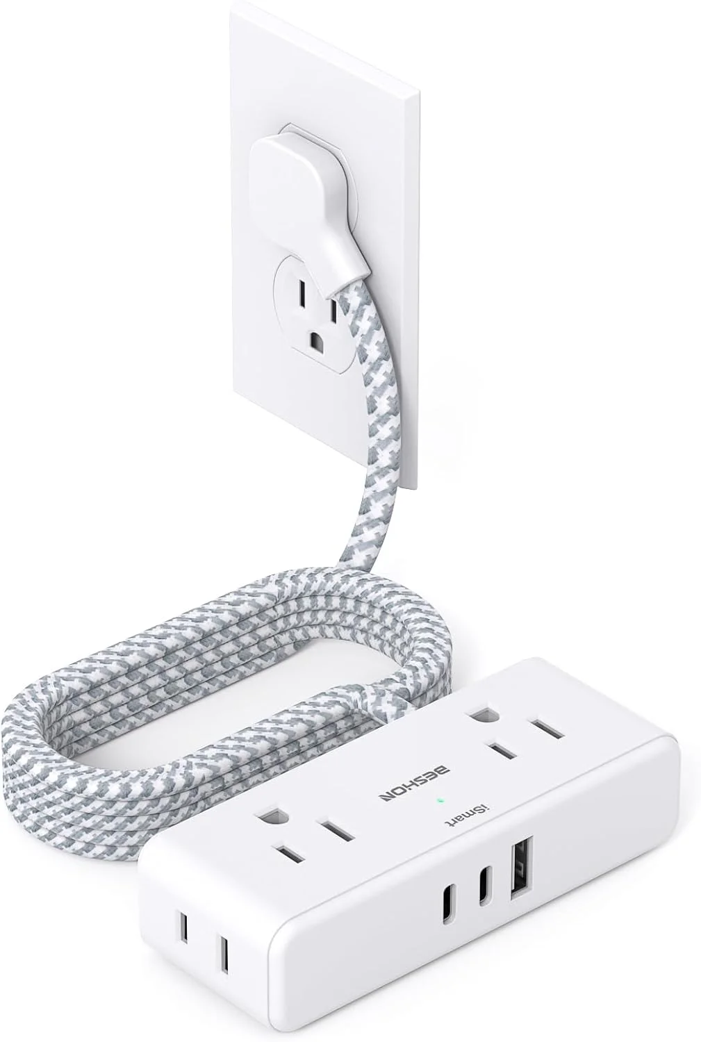 سیم رابط برق تخت 1.8 متری، محافظ برق با دوشاخه تخت، 4 پریز با فاصله زیاد با 3 پورت USB (2 پورت USB C)، سه راهی برق با سیم رابط برای خانه، اداره، لوازم ضروری خوابگاه