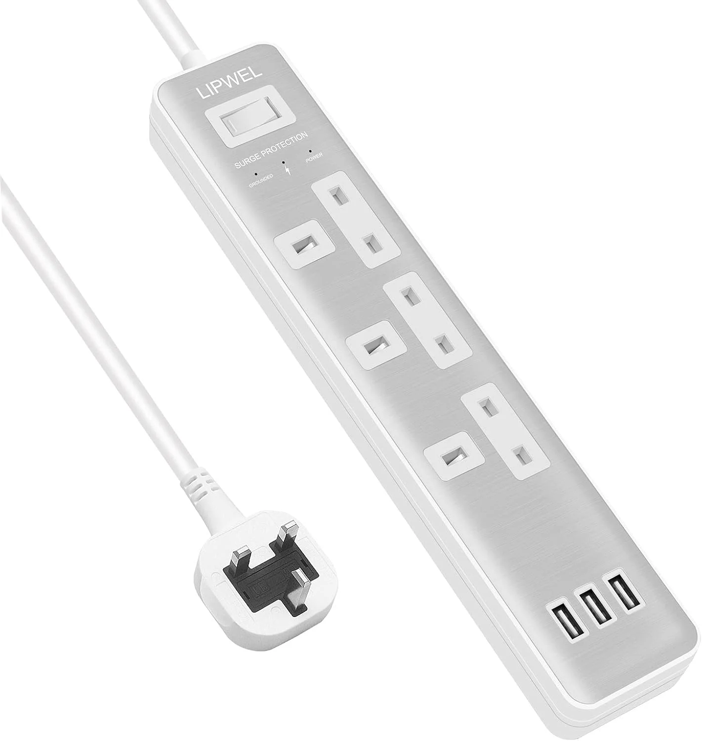 سیم سیار با درگاه های USB، 3 پریز برق و 3 درگاه USB، سیم سیار برق قوی، سیم سیار 1.8 متری، محافظ برق چند شاخه برای خانه، دفتر و آشپزخانه، سفید نقره ای