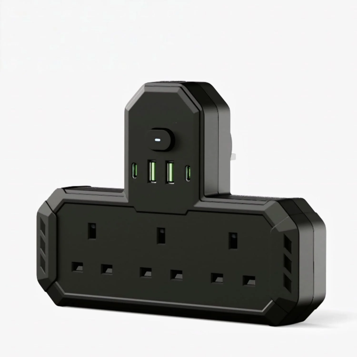 افزایش دهنده پریز دیواری با 3 خروجی و 4 پورت USB | آداپتور چند شاخه جمع و جور با نور پس زمینه LED | محافظ برق | افزایش دهنده پریز قابل نصب روی دیوار (مشکی)