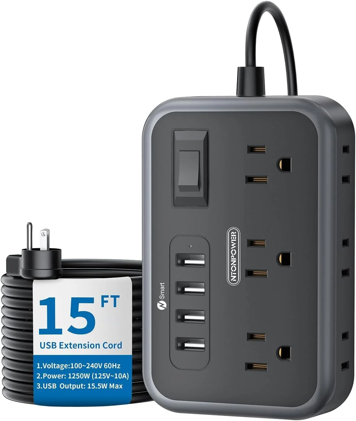 سیم رابط برق 4.5 متری با دوشاخه تخت NTONPOWER، دارای 6 پریز با فاصله زیاد (2 طرف) و 4 پورت USB، ایستگاه شارژ دیواری، محافظت در برابر اضافه بار برای خانه، دفتر کار، اتاق خوابگاه و میز کنار تخت - مشکی