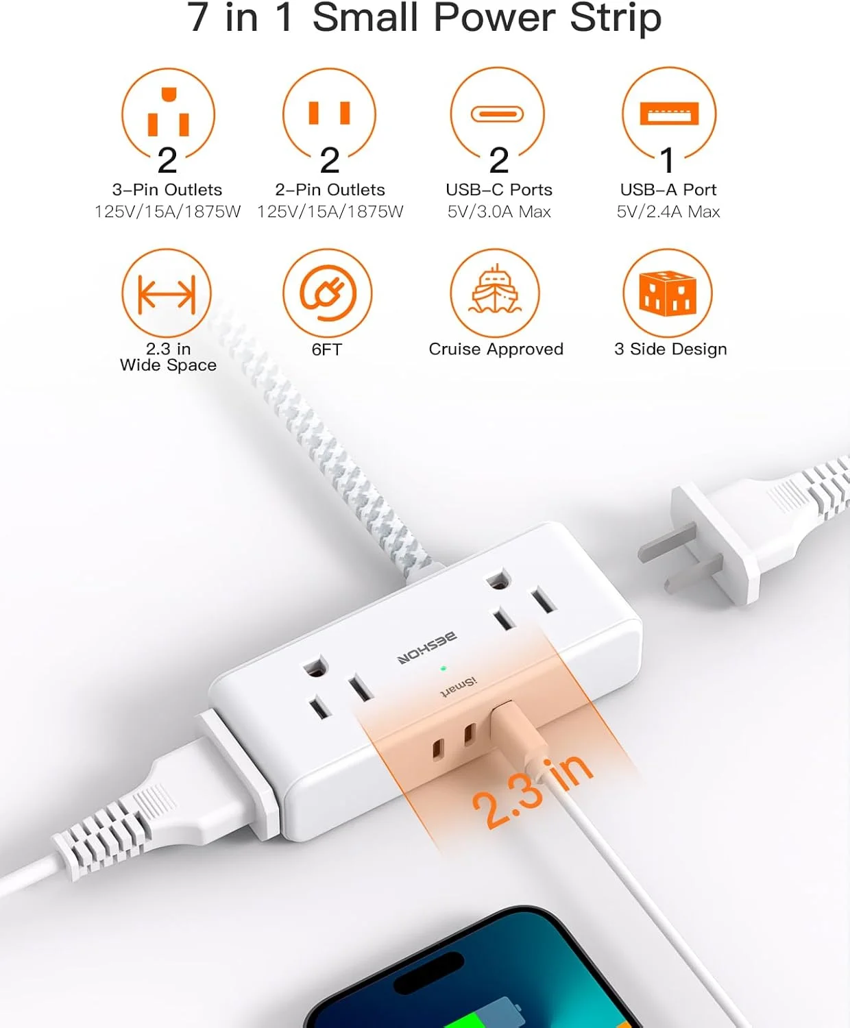 سیم رابط برق تخت 1.8 متری، محافظ برق با دوشاخه تخت، 4 پریز با فاصله زیاد با 3 پورت USB (2 پورت USB C)، سه راهی برق با سیم رابط برای خانه، اداره، لوازم ضروری خوابگاه