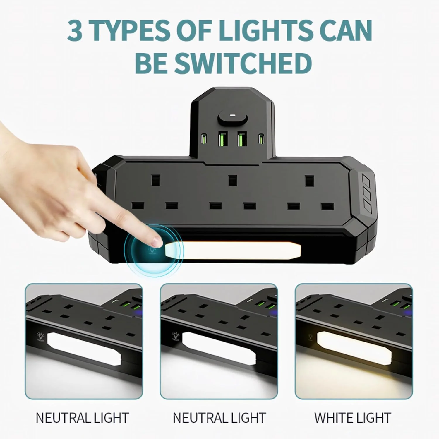 افزایش دهنده پریز دیواری با 3 خروجی و 4 پورت USB | آداپتور چند شاخه جمع و جور با نور پس زمینه LED | محافظ برق | افزایش دهنده پریز قابل نصب روی دیوار (مشکی)