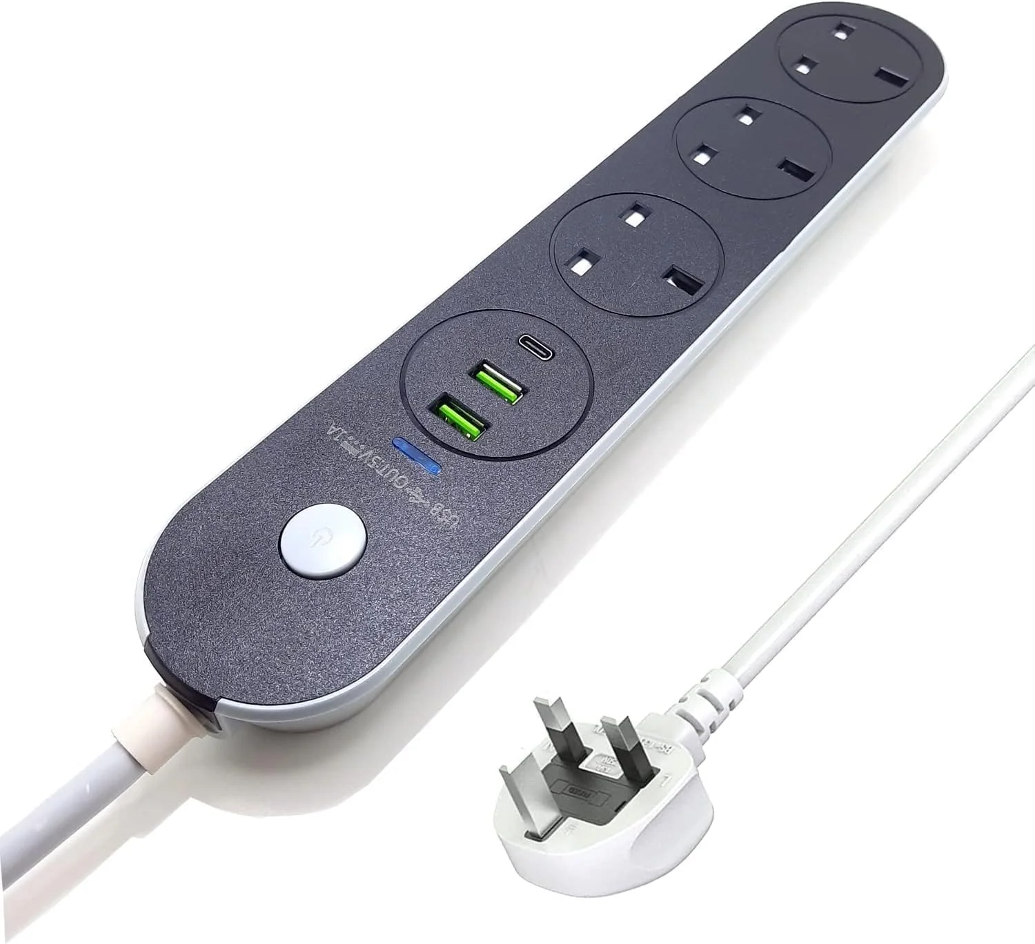 سیم سیار برق با USB، سیم سیار 2 متری، 3 پریز برق بریتانیایی، 2 پورت USB و 1 پورت Type-C، محافظ برق 13 آمپر، پریز سیار مقاوم با شاتر ایمنی برای خانه، دفتر و آشپزخانه