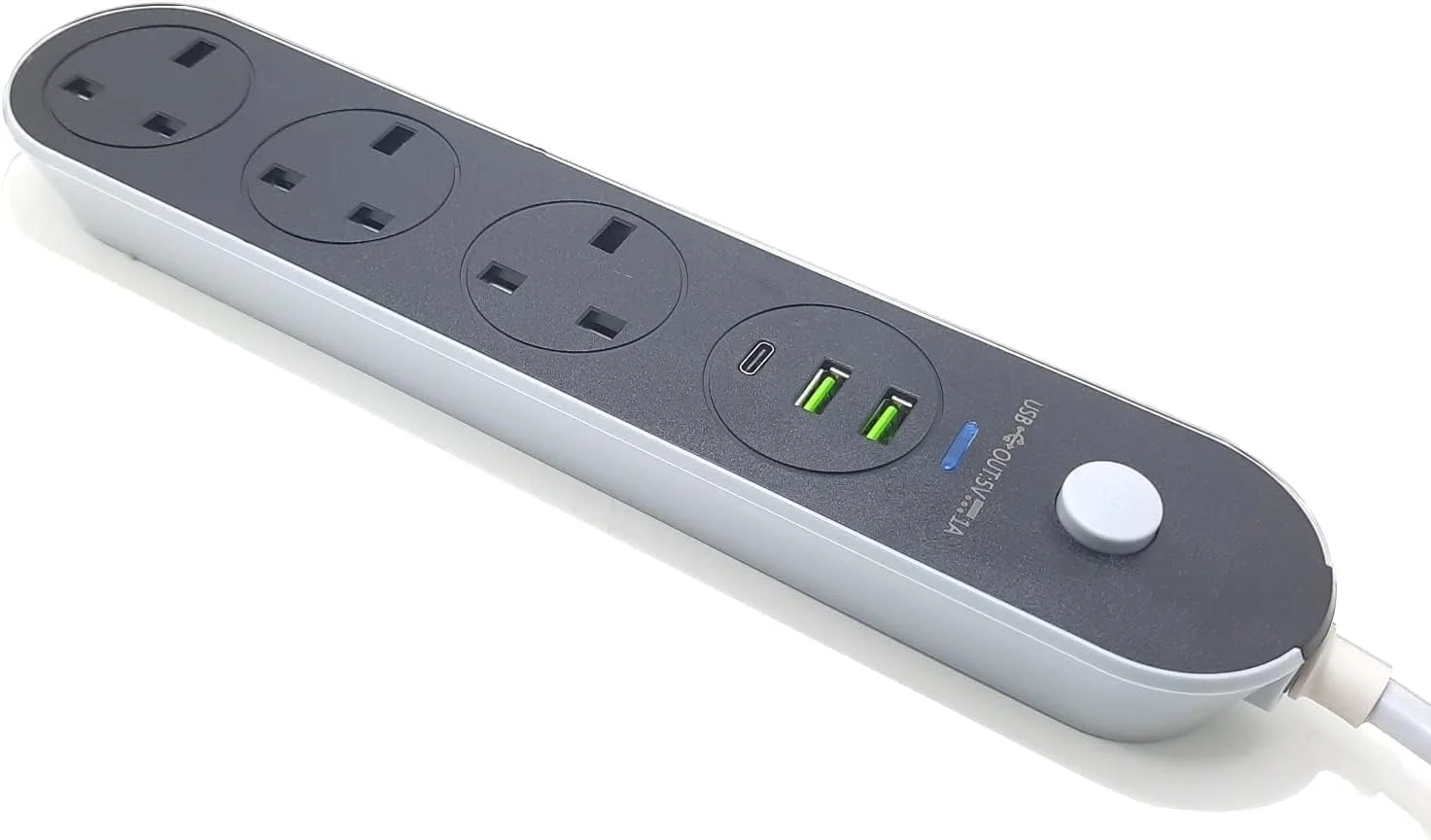 سیم سیار برق با USB، سیم سیار 2 متری، 3 پریز برق بریتانیایی، 2 پورت USB و 1 پورت Type-C، محافظ برق 13 آمپر، پریز سیار مقاوم با شاتر ایمنی برای خانه، دفتر و آشپزخانه