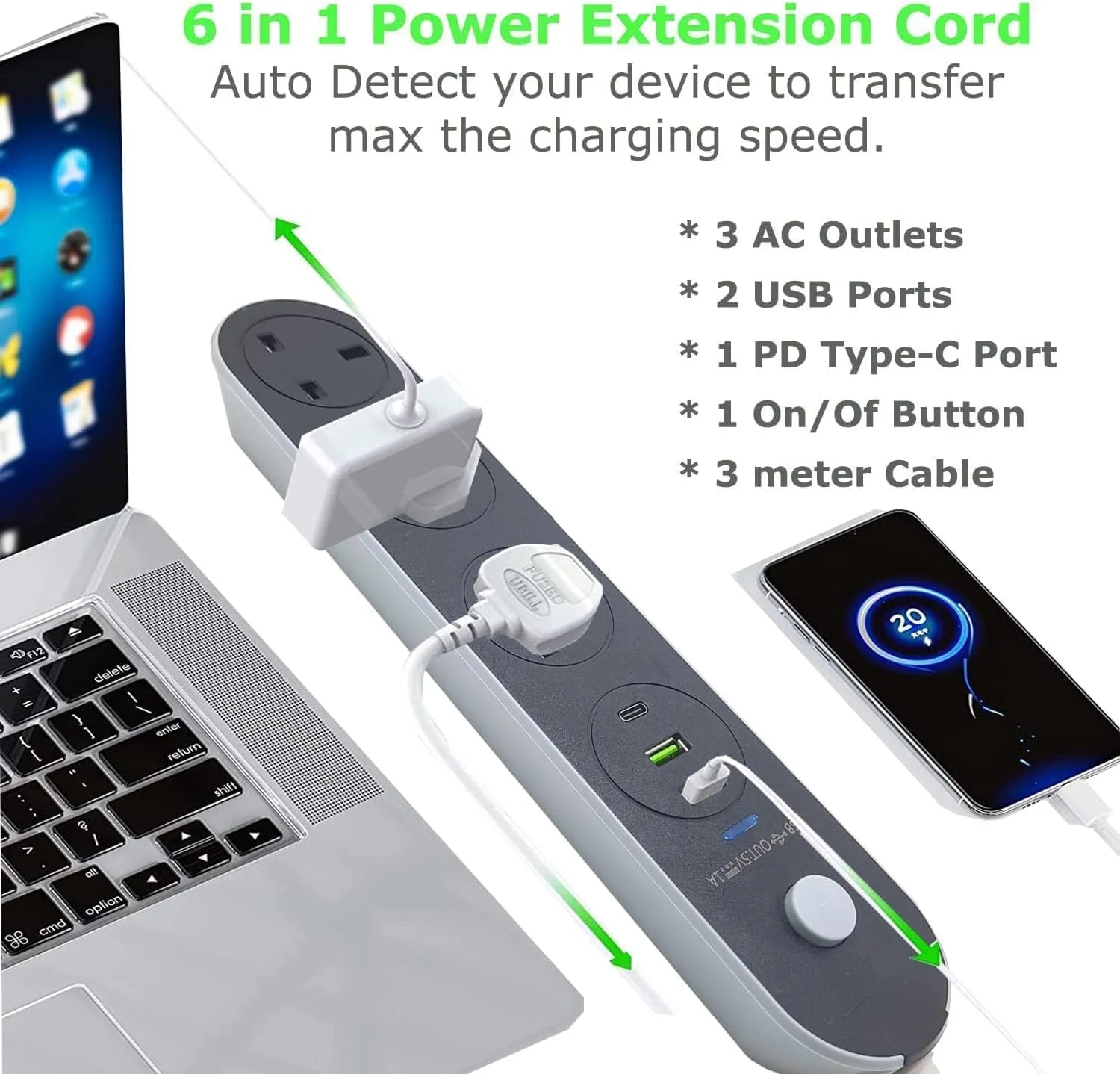 سیم سیار برق با USB، سیم سیار 2 متری، 3 پریز برق بریتانیایی، 2 پورت USB و 1 پورت Type-C، محافظ برق 13 آمپر، پریز سیار مقاوم با شاتر ایمنی برای خانه، دفتر و آشپزخانه