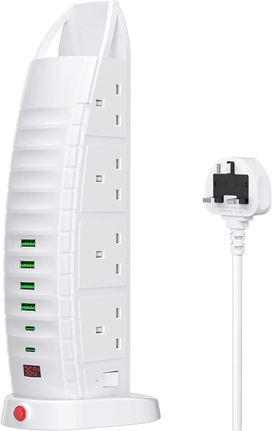 سیم سیار جدید با USB، سیم سیار برجی 8 پریز خروجی 6 پورت USB (2 نوع C و 4 پورت USB) 3.6 آمپر چند شاخه با کابل 2 متری با کلید، محافظ برق عمودی
