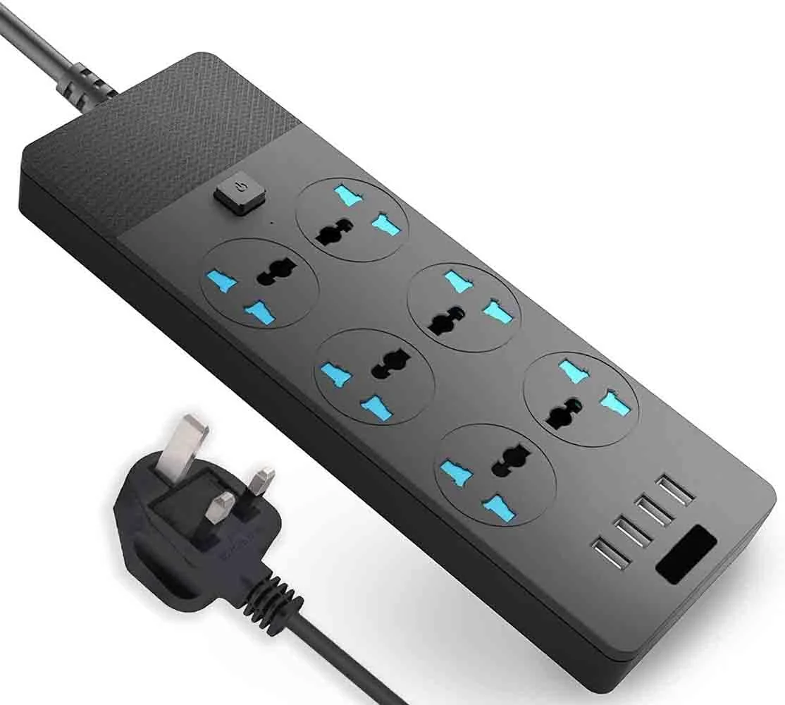 سیم رابط برق BEONE، کابل 5 متری با 6 خروجی برق و 4 پورت USB، محافظ برق (T12، مشکی، 5 متر)