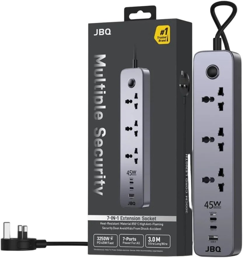 تبدیل برق 7 در 1 JBQ با USB-C (PD 45W)، 3 پریز برق + 4 پورت USB، کابل 3 متری، 3250 وات، محافظ برق، سوکت جهانی، ضد شوک، مقاوم در برابر حرارت - مشکی/نقره ای