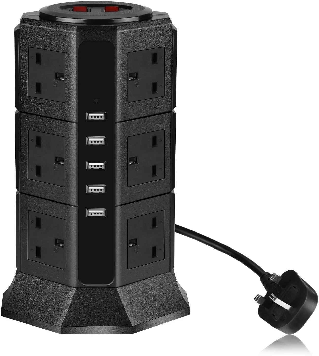 سه راهی برق PRITEK با 12 خروجی، محافظ ولتاژ عمودی 1000 ژول، دارای 5 پورت شارژ USB، محافظت در برابر اضافه بار 10 آمپر/2500 وات، با سیم 2 متری (مشکی)