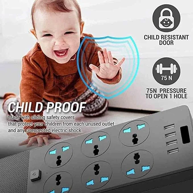 سیم رابط برق BEONE، کابل 5 متری با 6 خروجی برق و 4 پورت USB، محافظ برق (T12، مشکی، 5 متر)