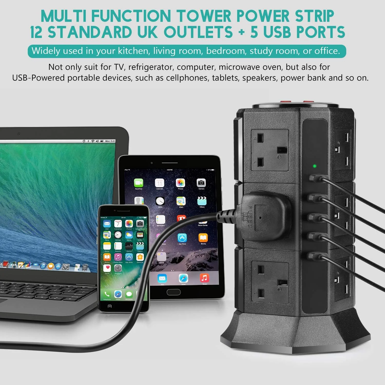 سه راهی برق PRITEK با 12 خروجی، محافظ ولتاژ عمودی 1000 ژول، دارای 5 پورت شارژ USB، محافظت در برابر اضافه بار 10 آمپر/2500 وات، با سیم 2 متری (مشکی)