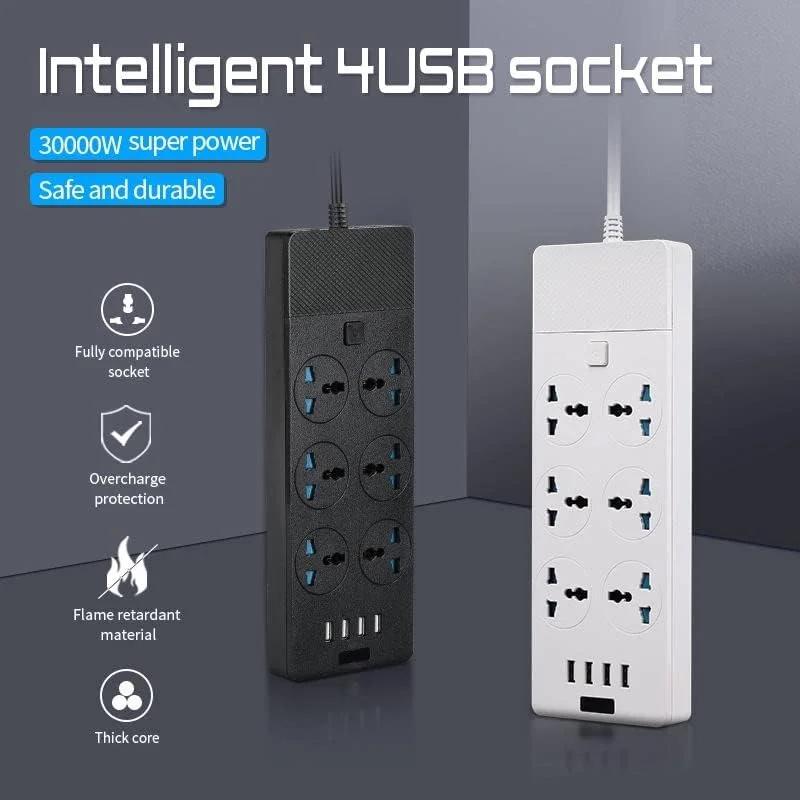 سیم رابط برق BEONE، کابل 5 متری با 6 خروجی برق و 4 پورت USB، محافظ برق (T12، مشکی، 5 متر)