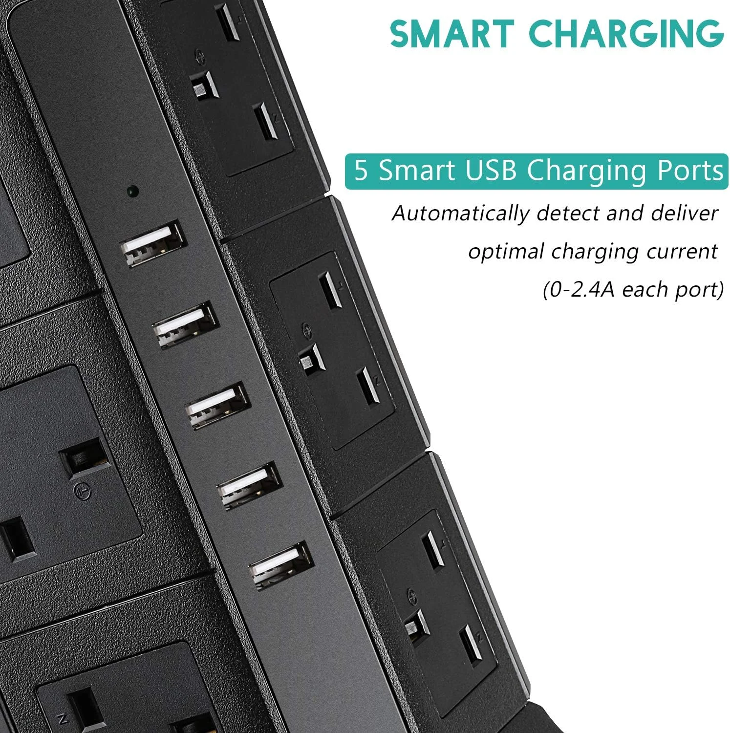 سه راهی برق PRITEK با 12 خروجی، محافظ ولتاژ عمودی 1000 ژول، دارای 5 پورت شارژ USB، محافظت در برابر اضافه بار 10 آمپر/2500 وات، با سیم 2 متری (مشکی)