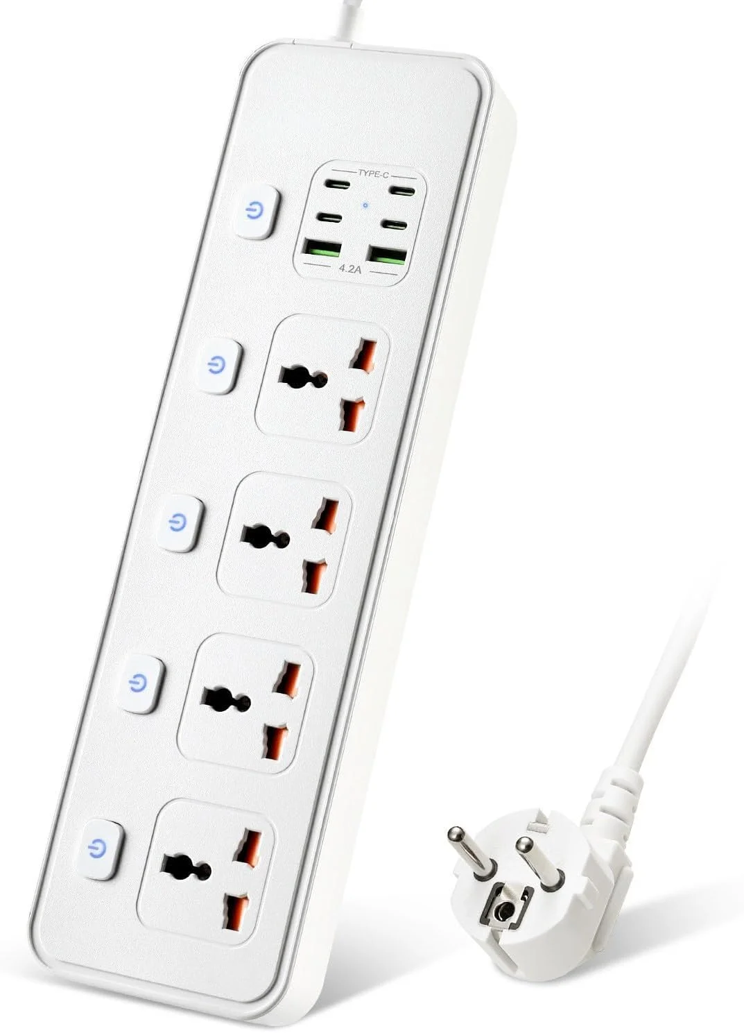 کابل افزایش طول با درگاه های USB، پریز 4 طرفه با 4 درگاه USB-C و 2 درگاه USB، 3250 وات تک کلید، کابل افزایش طول 1.8 متری با محافظ برق، آداپتور چند شاخه EU، سفید
