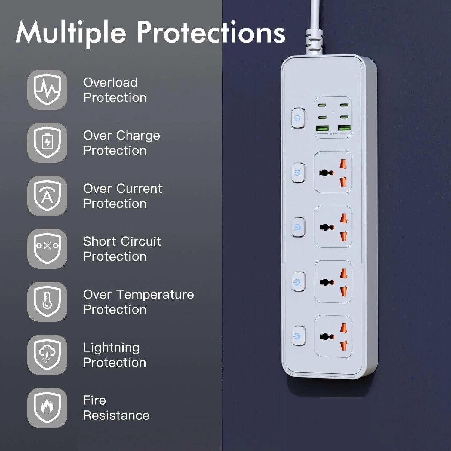 کابل افزایش طول با درگاه های USB، پریز 4 طرفه با 4 درگاه USB-C و 2 درگاه USB، 3250 وات تک کلید، کابل افزایش طول 1.8 متری با محافظ برق، آداپتور چند شاخه EU، سفید