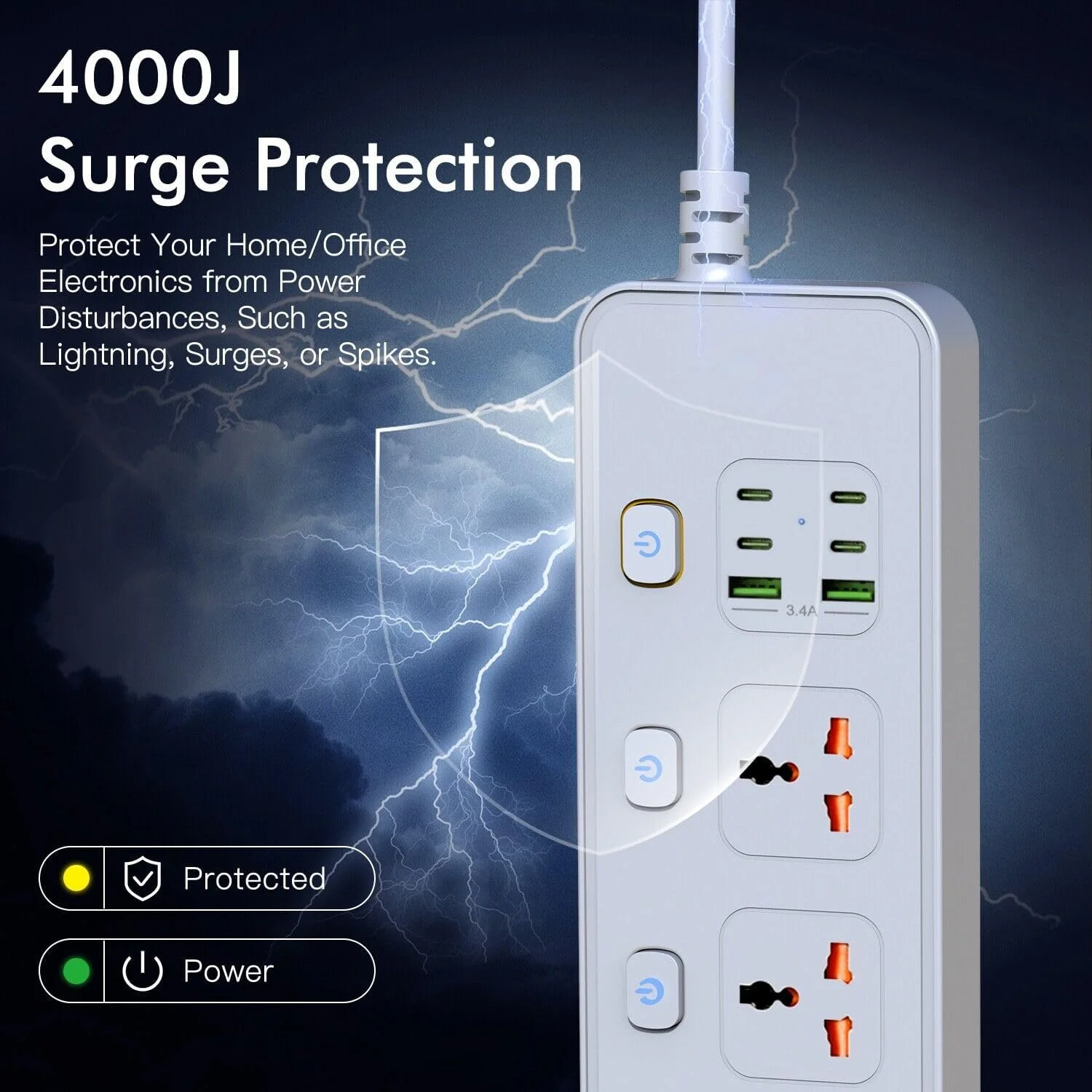 کابل افزایش طول با درگاه های USB، پریز 4 طرفه با 4 درگاه USB-C و 2 درگاه USB، 3250 وات تک کلید، کابل افزایش طول 1.8 متری با محافظ برق، آداپتور چند شاخه EU، سفید