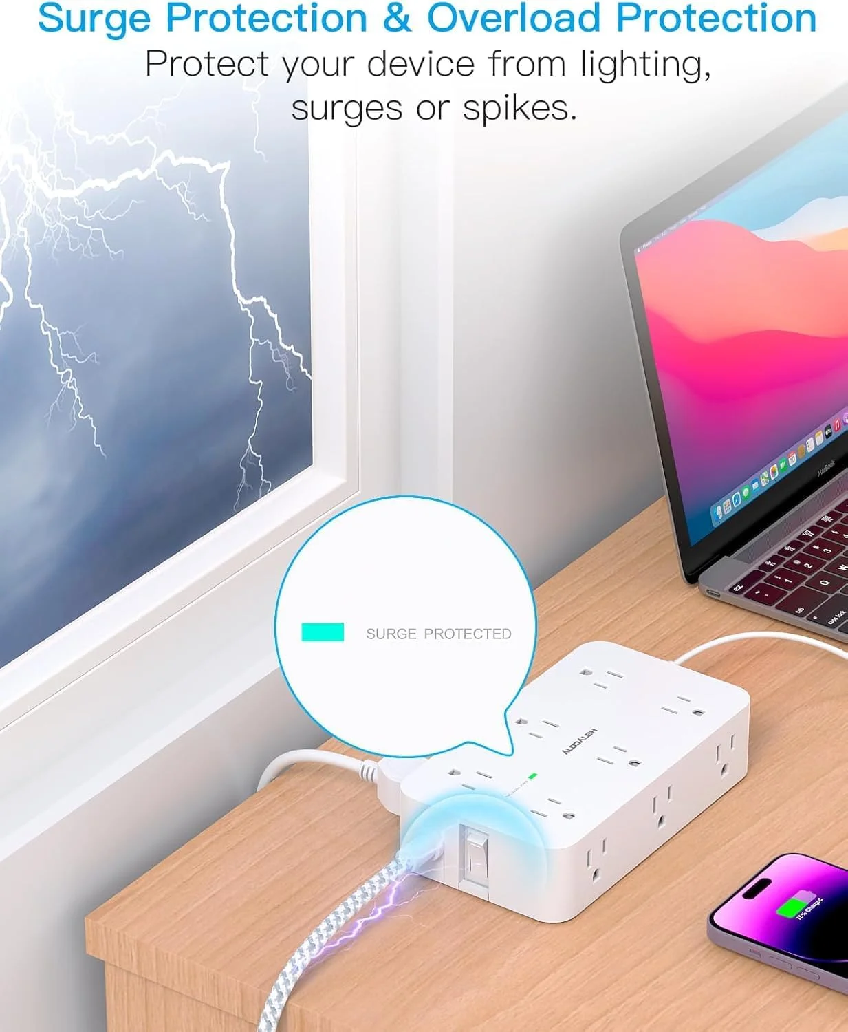 سیم رابط 4.5 متری، محافظ برق با 12 پریز، 4 پورت USB (2USB C)، چندراهی برق بزرگ کامپیوتر با سیم بلند، دوشاخه تخت، قابل نصب روی دیوار