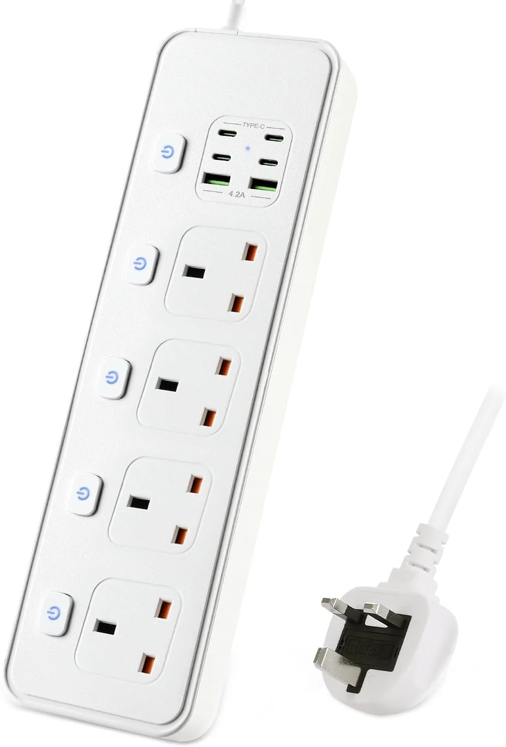 سیم سیار با درگاه های USB، 4 پریز برق با 4 درگاه USB-C و 2 درگاه USB، 3250 وات، کلیدهای جداگانه، کابل 1.8 متری با محافظ برق، آداپتور چند شاخه UK (BKL-24 UK IQ)