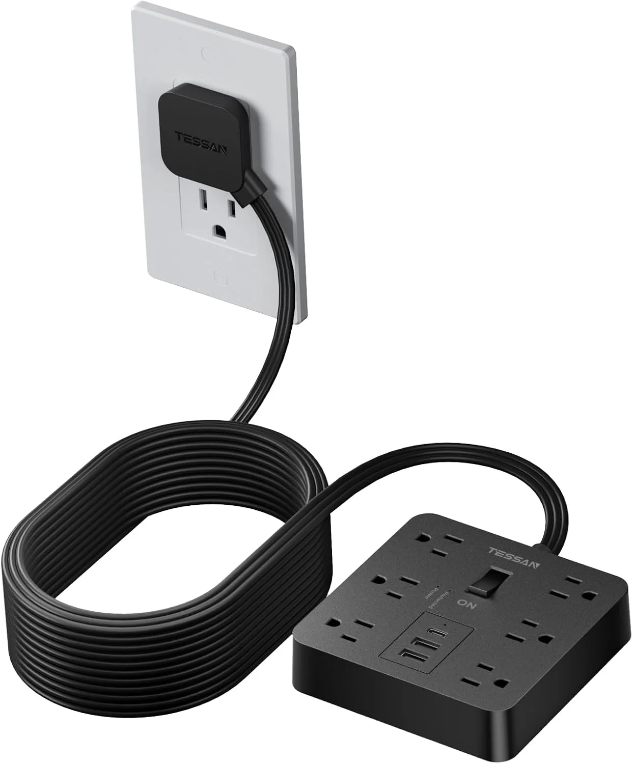 سیم رابط برق 4.5 متری با دوشاخه تخت، محافظ برق تسآن با 6 پریز برق و 3 پورت USB (1 پورت USB C)، محافظت 1700 ژول، سیم برق بلند مشکی رومیزی برای اتاق خوابگاه اداری خانگی داخلی