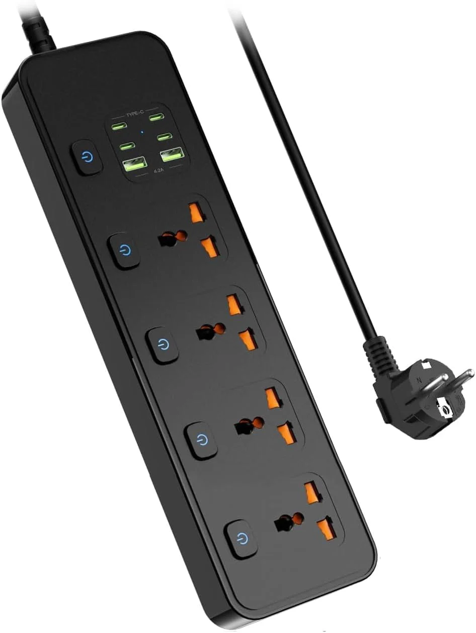 کابل افزایش طول با درگاه های USB، ۴ پریز برق با ۴ درگاه USB-C و ۲ درگاه USB، ۳۲۵۰ وات، کابل افزایش طول ۱.۸ متری تک کلید با محافظ، آداپتور چند شاخه UK، مشکی
