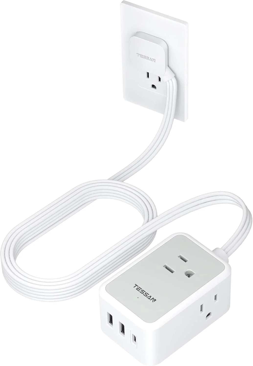 سیم رابط فوق العاده نازک 3 متری، محافظ برق باریک با دوشاخه تخت TESSAN با 3 پورت شارژر USB (1 پورت USB C)، 3 پریز برق، سیم بلند 3 متری با دوشاخه باریک برای مسافرت، خوابگاه، لوازم ضروری اداری