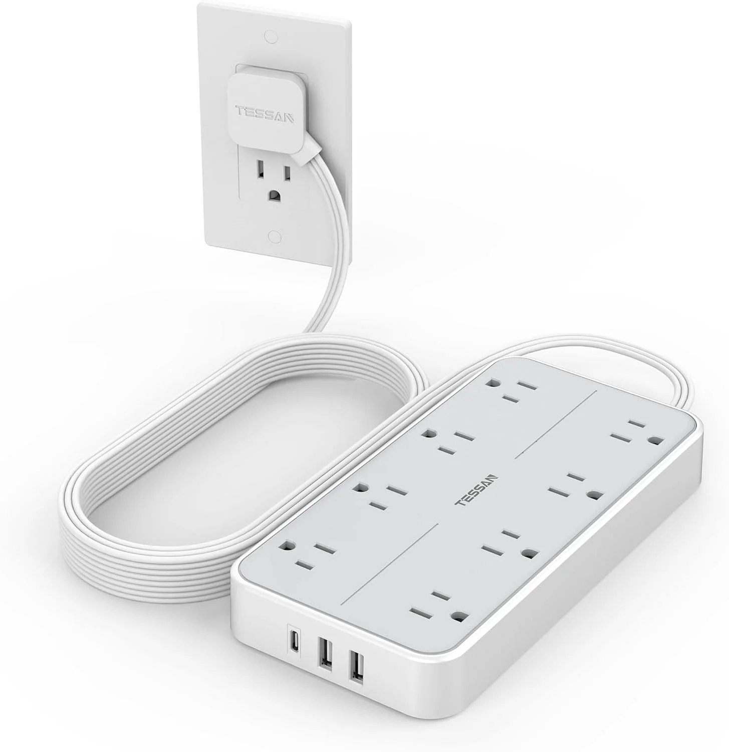 سیم رابط برق تخت 3 متری، محافظ برق تسّان با 8 پریز AC و 3 پورت USB، 1080 ژول، قابلیت نصب روی دیوار، ایستگاه شارژ با فاصله زیاد برای خانه، دفتر، فضای داخلی، خوابگاه