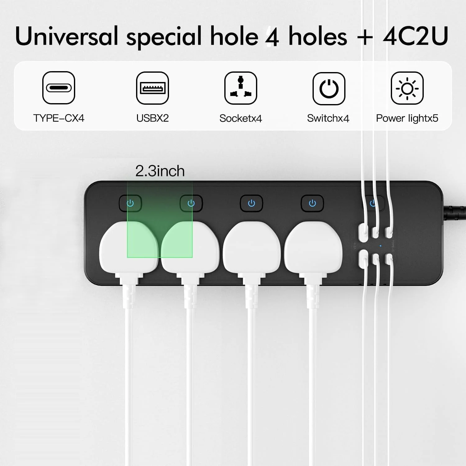 کابل افزایش طول با درگاه های USB، ۴ پریز برق با ۴ درگاه USB-C و ۲ درگاه USB، ۳۲۵۰ وات، کابل افزایش طول ۱.۸ متری تک کلید با محافظ، آداپتور چند شاخه UK، مشکی