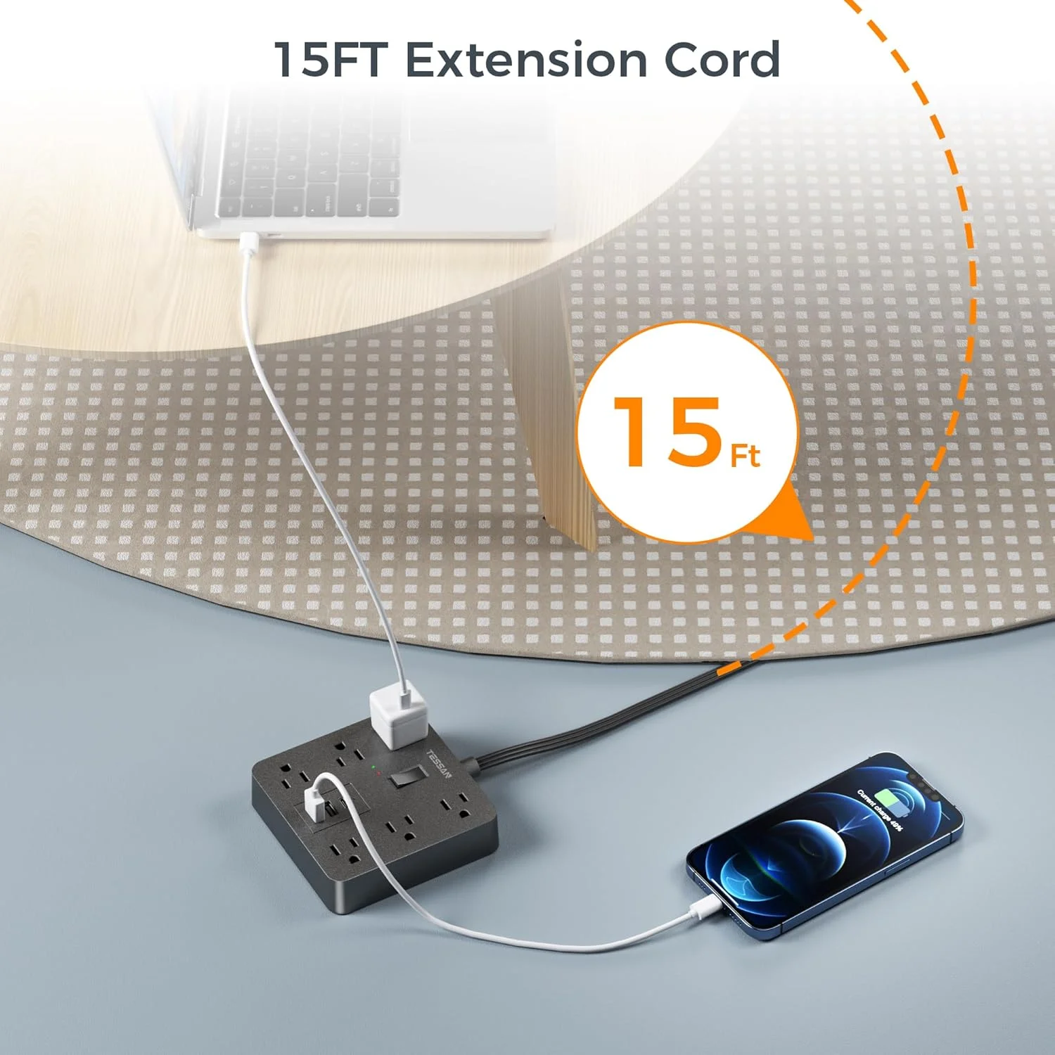 سیم رابط برق 4.5 متری با دوشاخه تخت، محافظ برق تسآن با 6 پریز برق و 3 پورت USB (1 پورت USB C)، محافظت 1700 ژول، سیم برق بلند مشکی رومیزی برای اتاق خوابگاه اداری خانگی داخلی