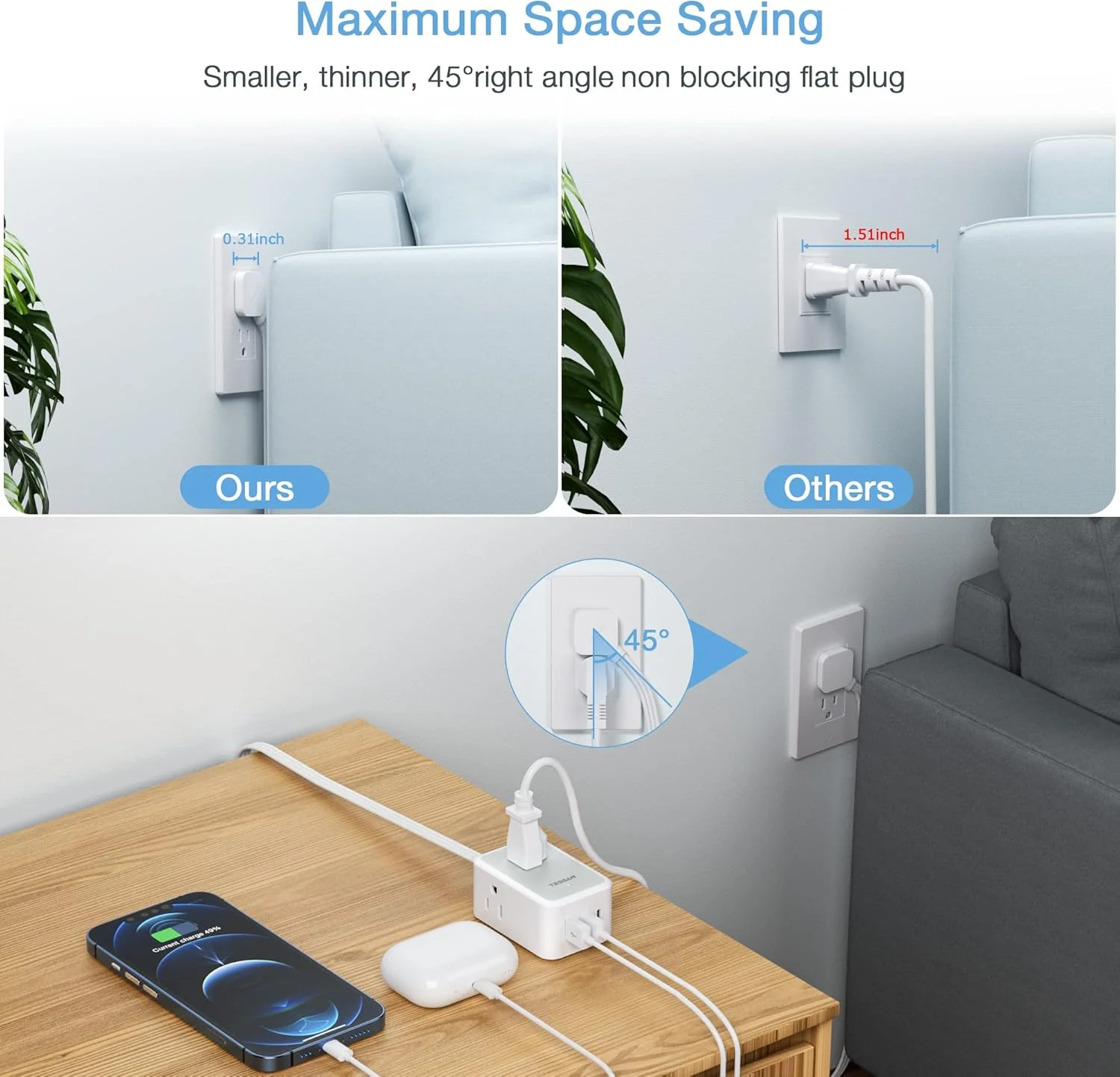 سیم رابط فوق العاده نازک 3 متری، محافظ برق باریک با دوشاخه تخت TESSAN با 3 پورت شارژر USB (1 پورت USB C)، 3 پریز برق، سیم بلند 3 متری با دوشاخه باریک برای مسافرت، خوابگاه، لوازم ضروری اداری