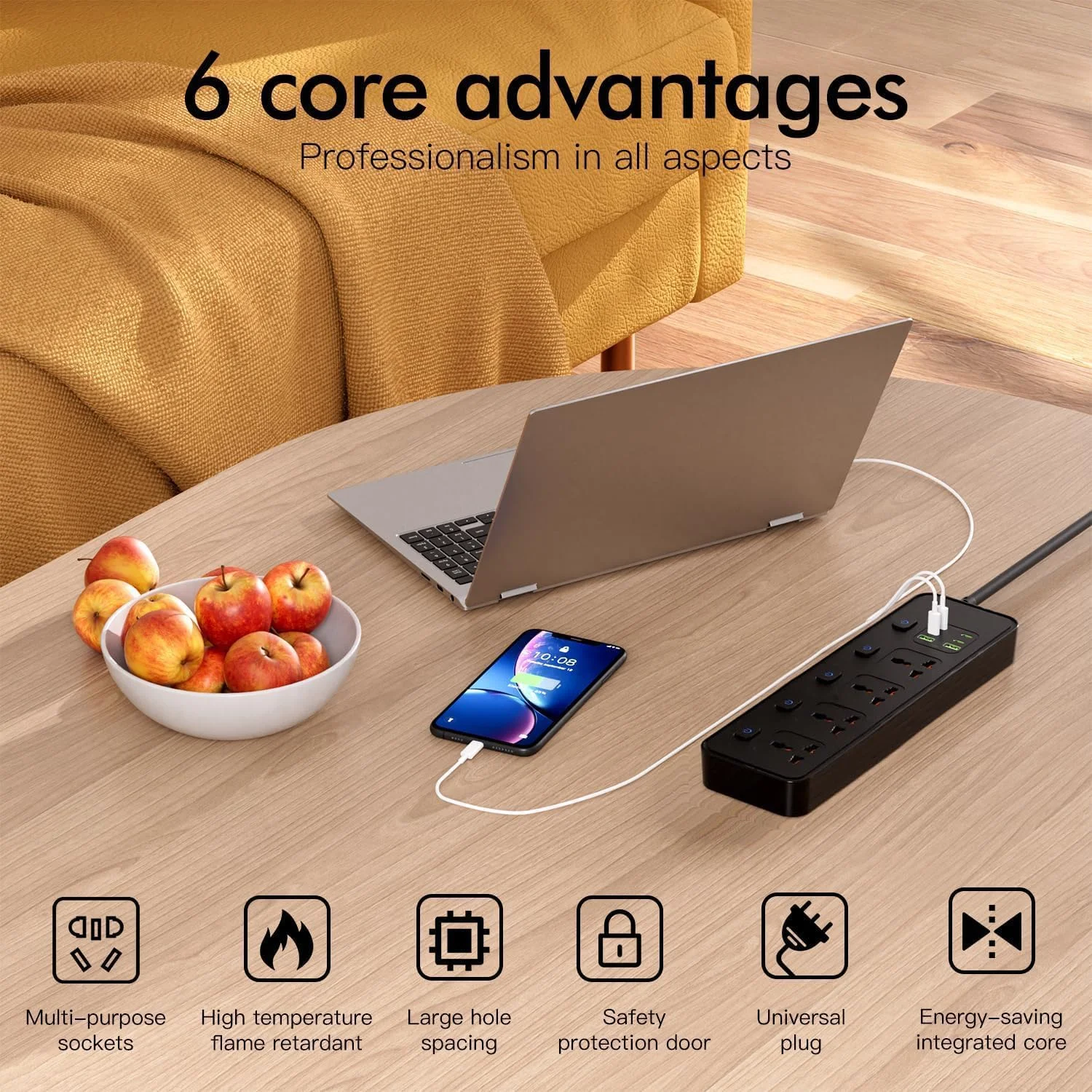 کابل افزایش طول با درگاه های USB، ۴ پریز برق با ۴ درگاه USB-C و ۲ درگاه USB، ۳۲۵۰ وات، کابل افزایش طول ۱.۸ متری تک کلید با محافظ، آداپتور چند شاخه UK، مشکی