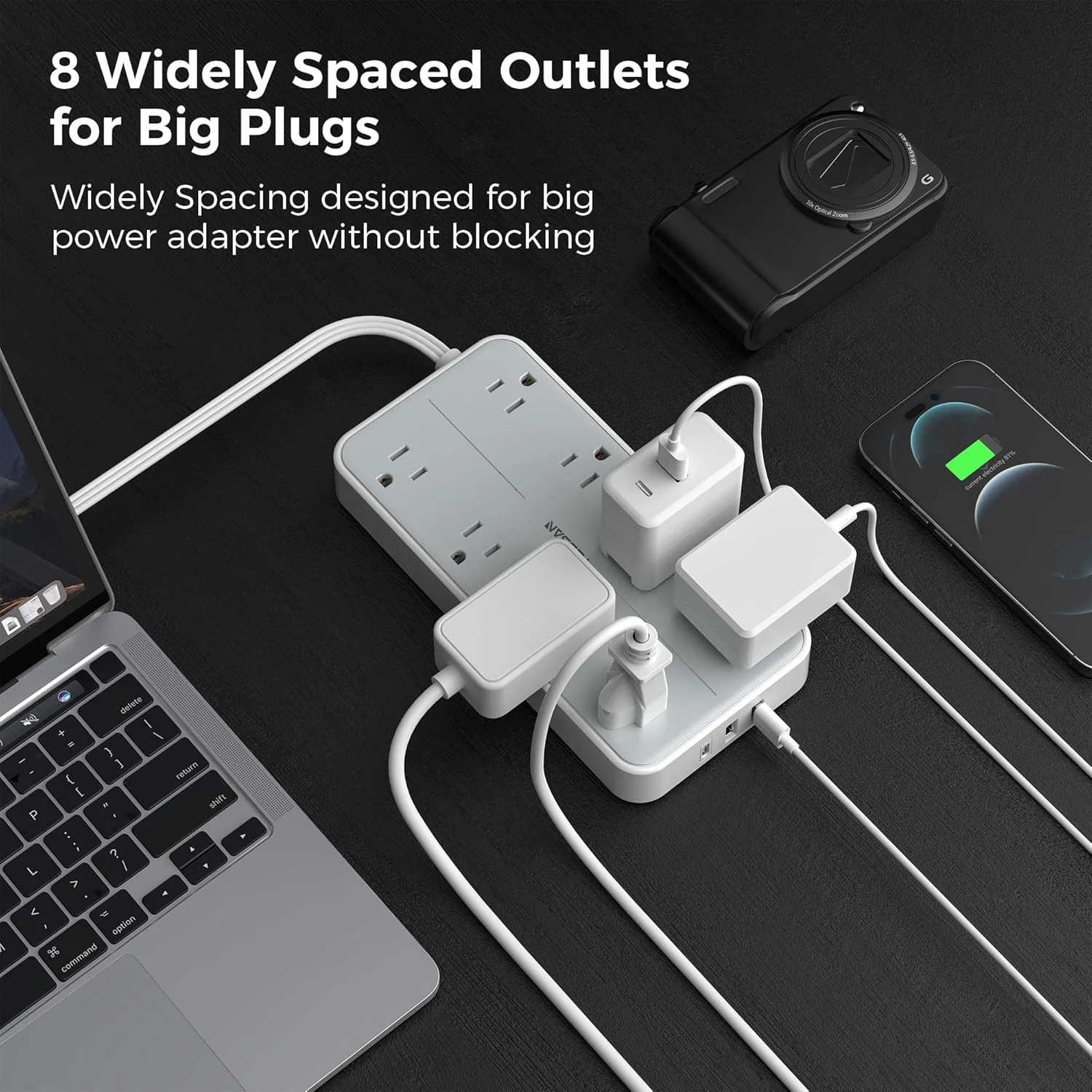 سیم رابط برق تخت 3 متری، محافظ برق تسّان با 8 پریز AC و 3 پورت USB، 1080 ژول، قابلیت نصب روی دیوار، ایستگاه شارژ با فاصله زیاد برای خانه، دفتر، فضای داخلی، خوابگاه
