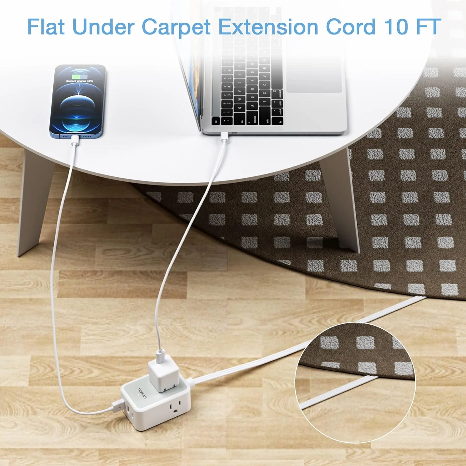سیم رابط فوق العاده نازک 3 متری، محافظ برق باریک با دوشاخه تخت TESSAN با 3 پورت شارژر USB (1 پورت USB C)، 3 پریز برق، سیم بلند 3 متری با دوشاخه باریک برای مسافرت، خوابگاه، لوازم ضروری اداری