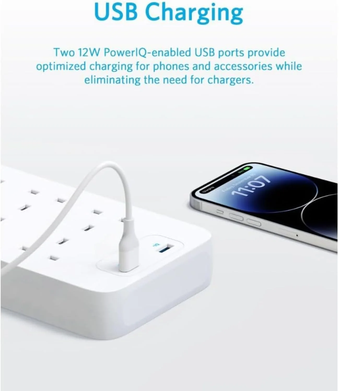 محافظ برق با 8 پریز AC و 2 پورت USB (12 وات)، فناوری PowerIQ، محافظت در برابر نوسانات برق، بدنه مقاوم در برابر آتش، کابل 1.8 متری، قابل نصب روی دیوار، برای خانه و دفتر