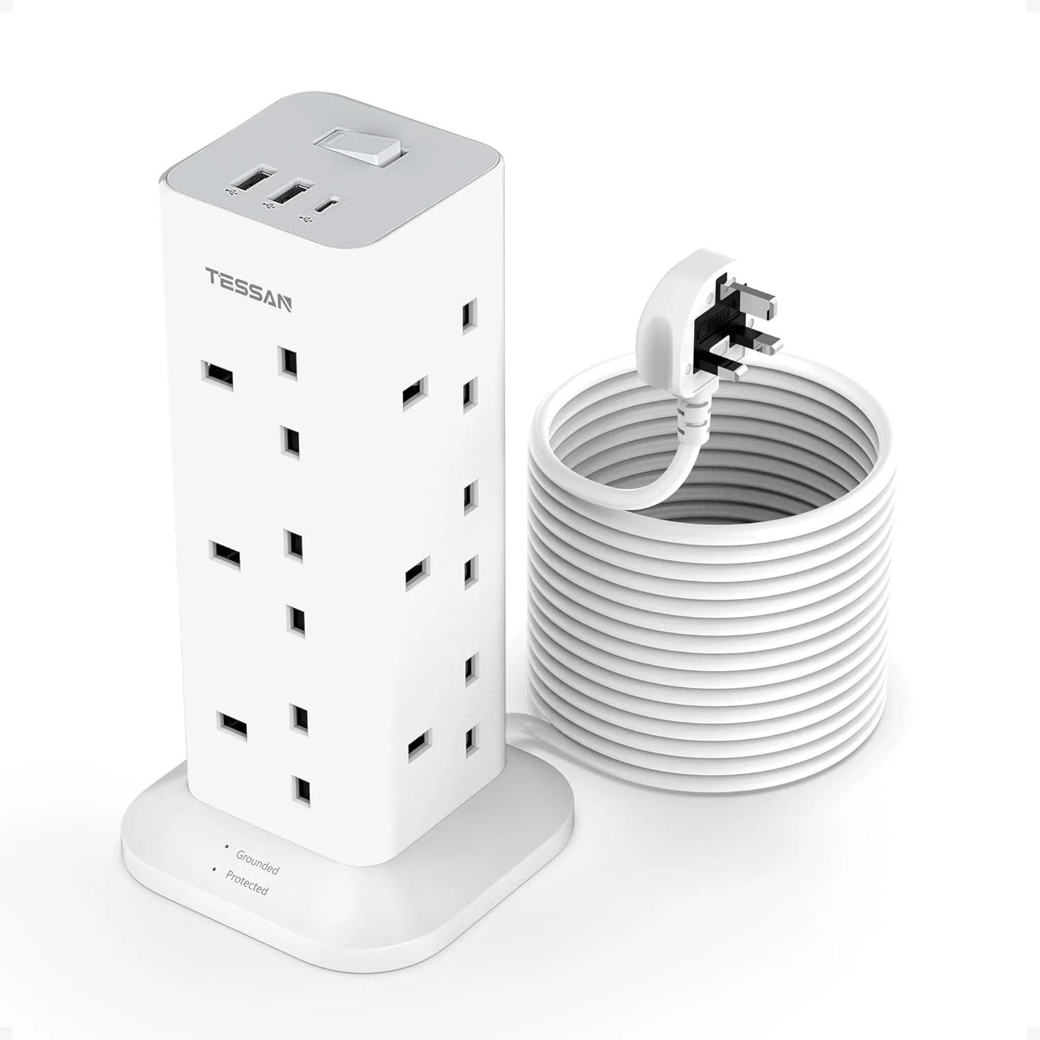 سیم سیار 10 متری با درگاه های USB-C، چند راهی برق 12 خانه TESSAN با 3 درگاه USB، چند شاخه با کلید (13 آمپر 3250 وات)، محافظ برق برای دفتر، خانه، مدرسه، لوازم آشپزخانه