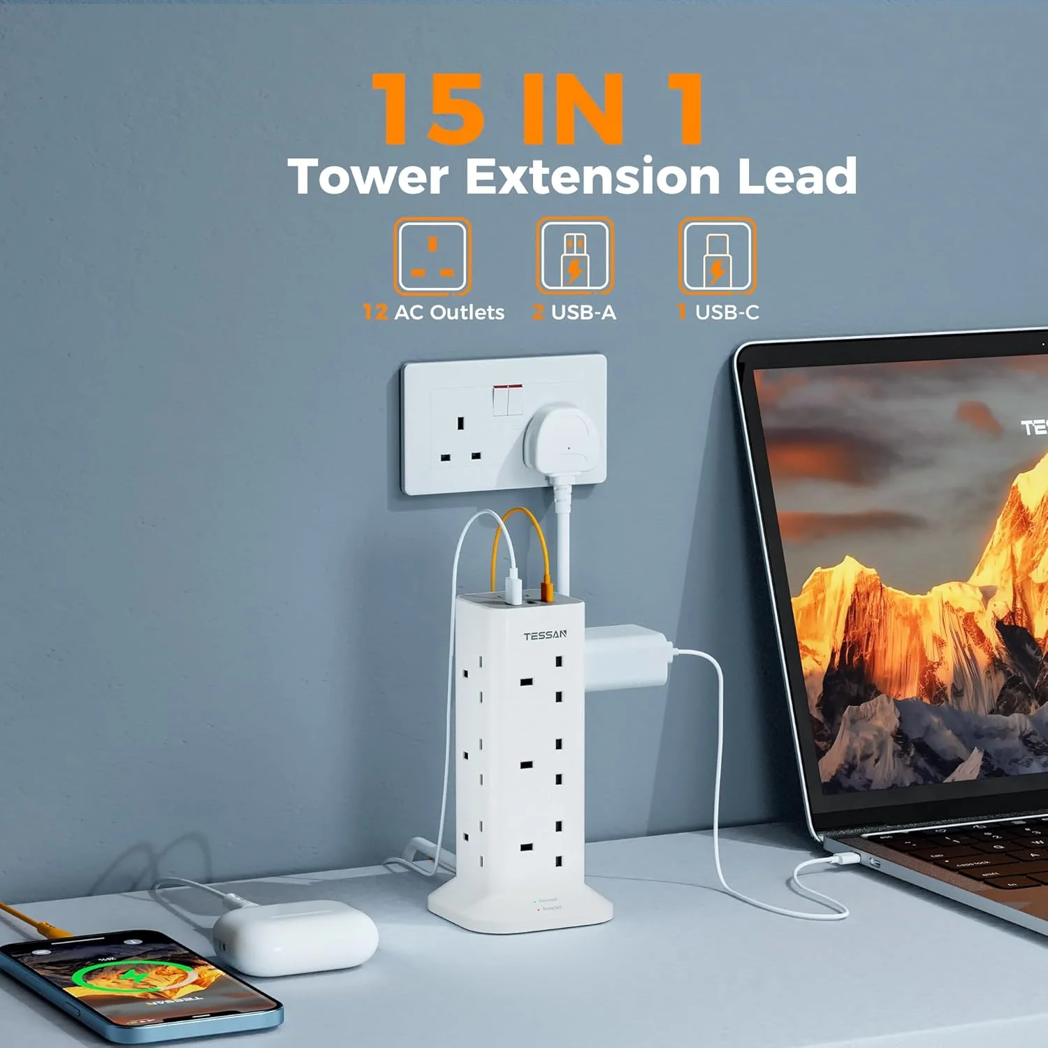 سیم سیار 10 متری با درگاه های USB-C، چند راهی برق 12 خانه TESSAN با 3 درگاه USB، چند شاخه با کلید (13 آمپر 3250 وات)، محافظ برق برای دفتر، خانه، مدرسه، لوازم آشپزخانه