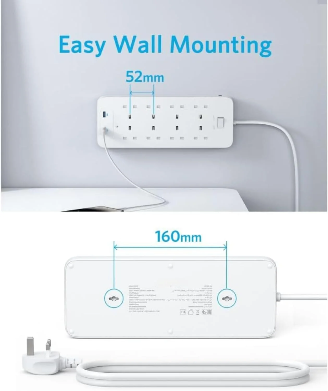 محافظ برق با 8 پریز AC و 2 پورت USB (12 وات)، فناوری PowerIQ، محافظت در برابر نوسانات برق، بدنه مقاوم در برابر آتش، کابل 1.8 متری، قابل نصب روی دیوار، برای خانه و دفتر