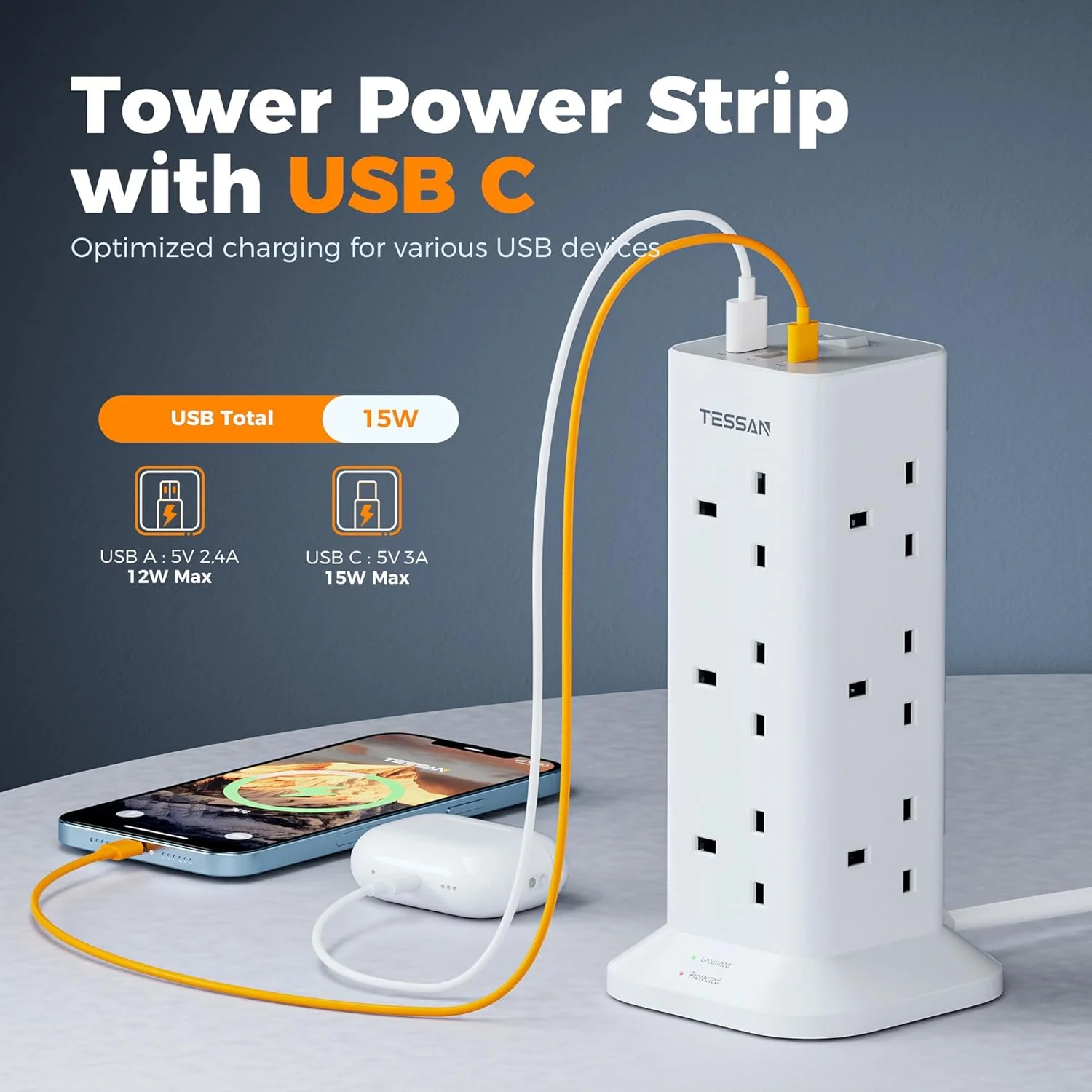 سیم سیار 10 متری با درگاه های USB-C، چند راهی برق 12 خانه TESSAN با 3 درگاه USB، چند شاخه با کلید (13 آمپر 3250 وات)، محافظ برق برای دفتر، خانه، مدرسه، لوازم آشپزخانه