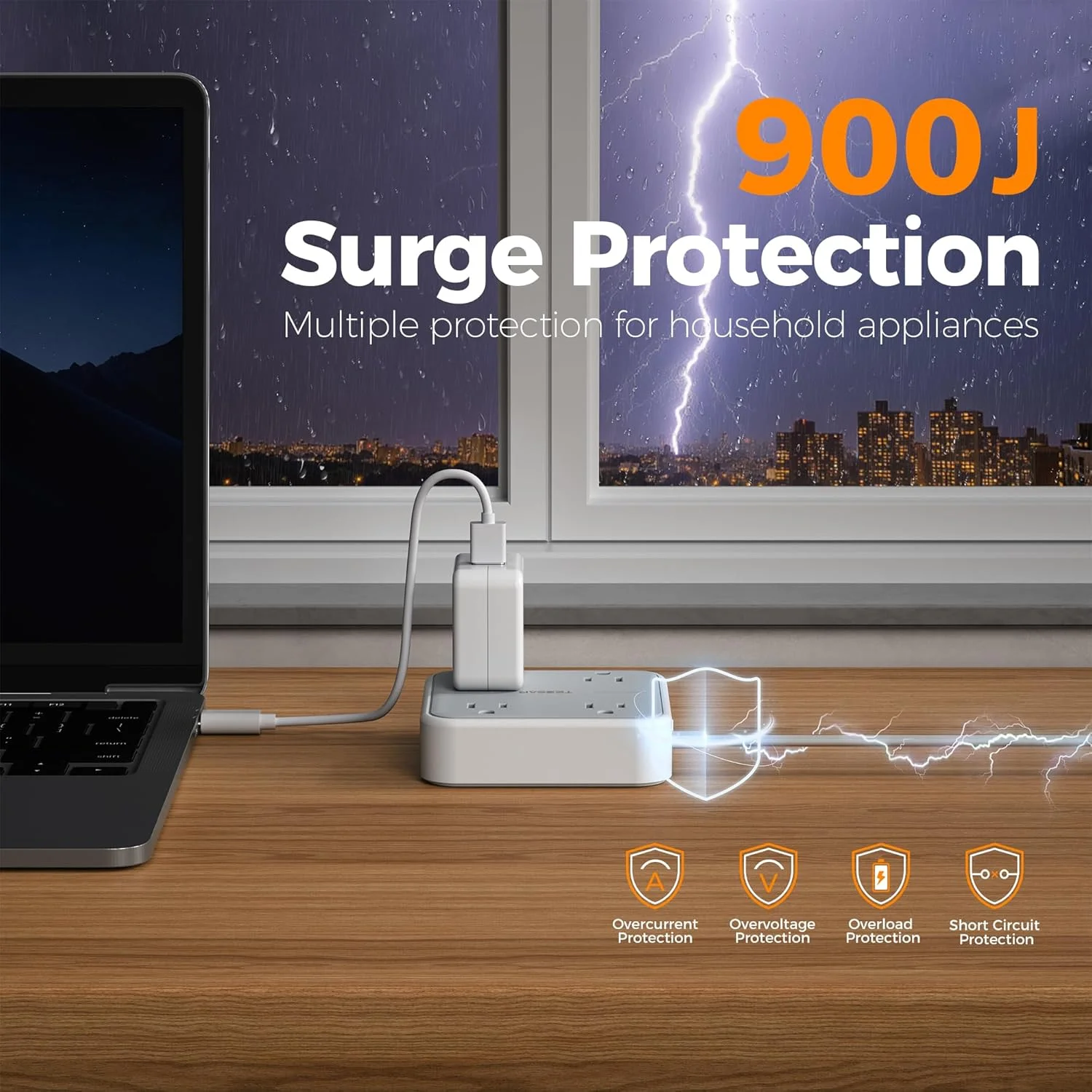 سیم رابط 3 متری تسآن با محافظ برق، دارای 3 پورت USB (شامل 1 پورت USB C) و 4 پریز، 900 ژول، ایستگاه شارژ چندگانه رومیزی کوچک برای خانه، مدرسه، خوابگاه و اداره، خاکستری