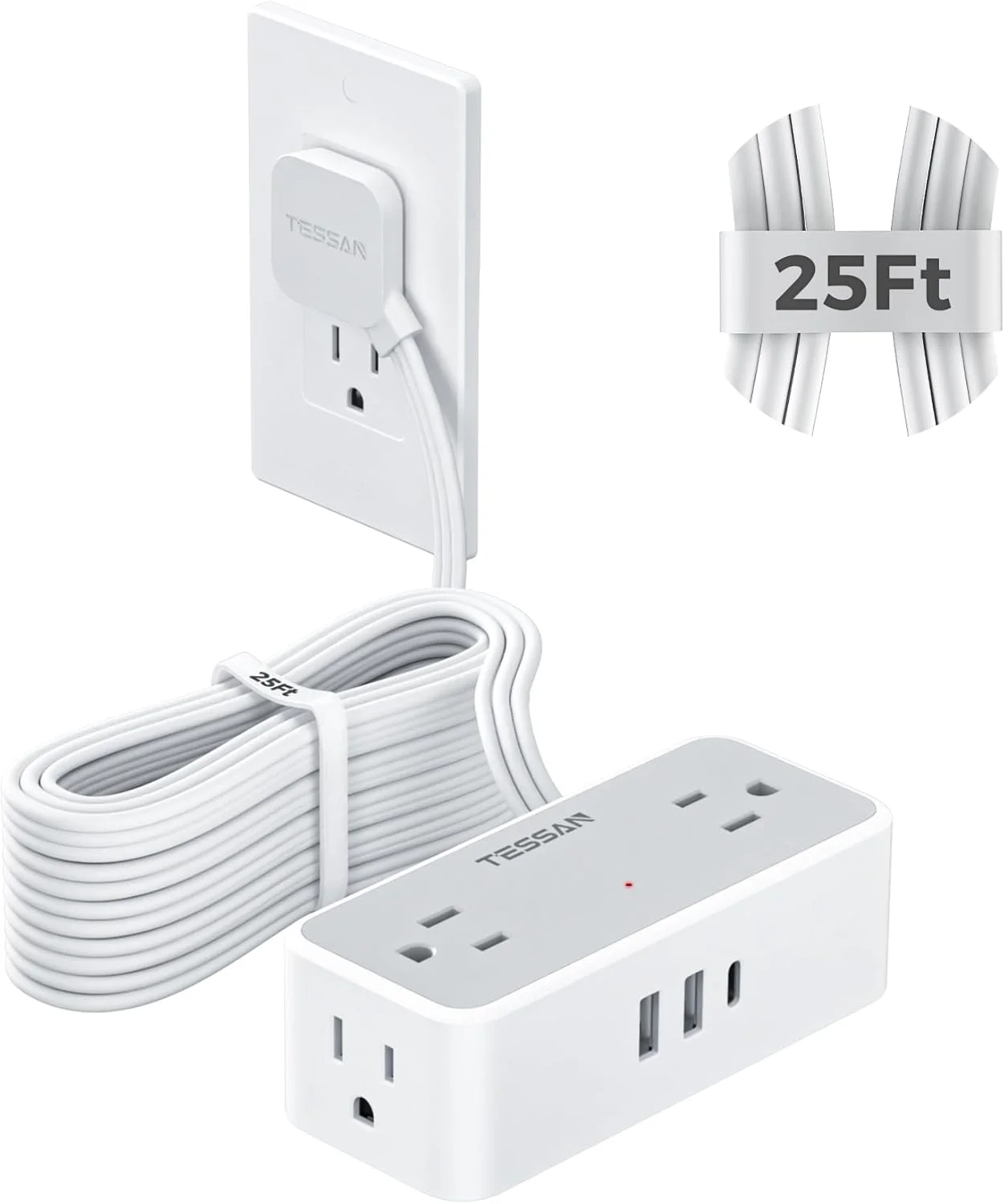 سیم رابط برق 7.6 متری با دوشاخه تخت، محافظ برق تسن با 4 پریز AC، 1 پورت USB-C و 2 پورت USB-A، محافظت 900 ژول، توسعه دهنده پریز دیواری چندگانه برای لوازم ضروری خانه، دفتر و خوابگاه